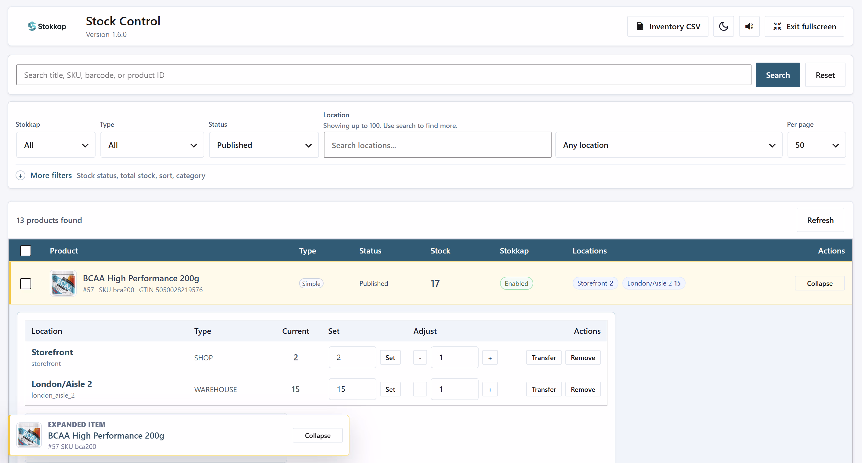 Stock Control in WordPress: adjust quantities for each stock location.