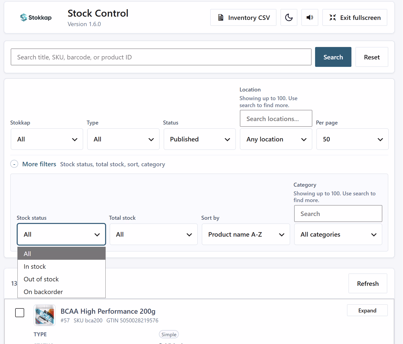 Find the stock that needs attention — In the WordPress plugin