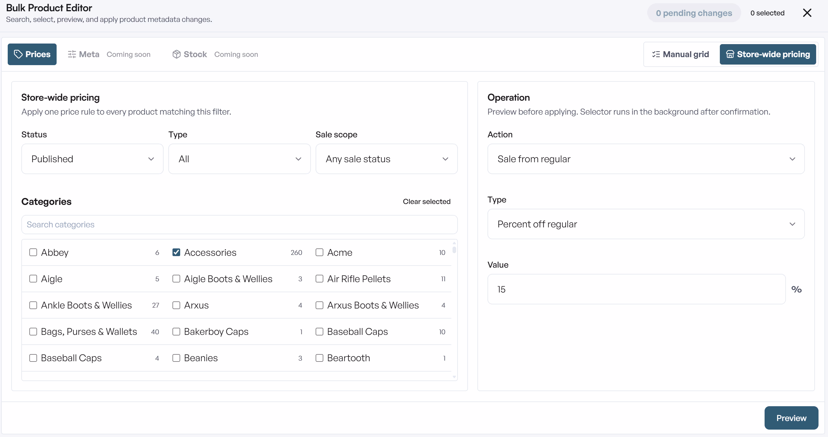 Store-wide pricing: preview a discount for selected categories.