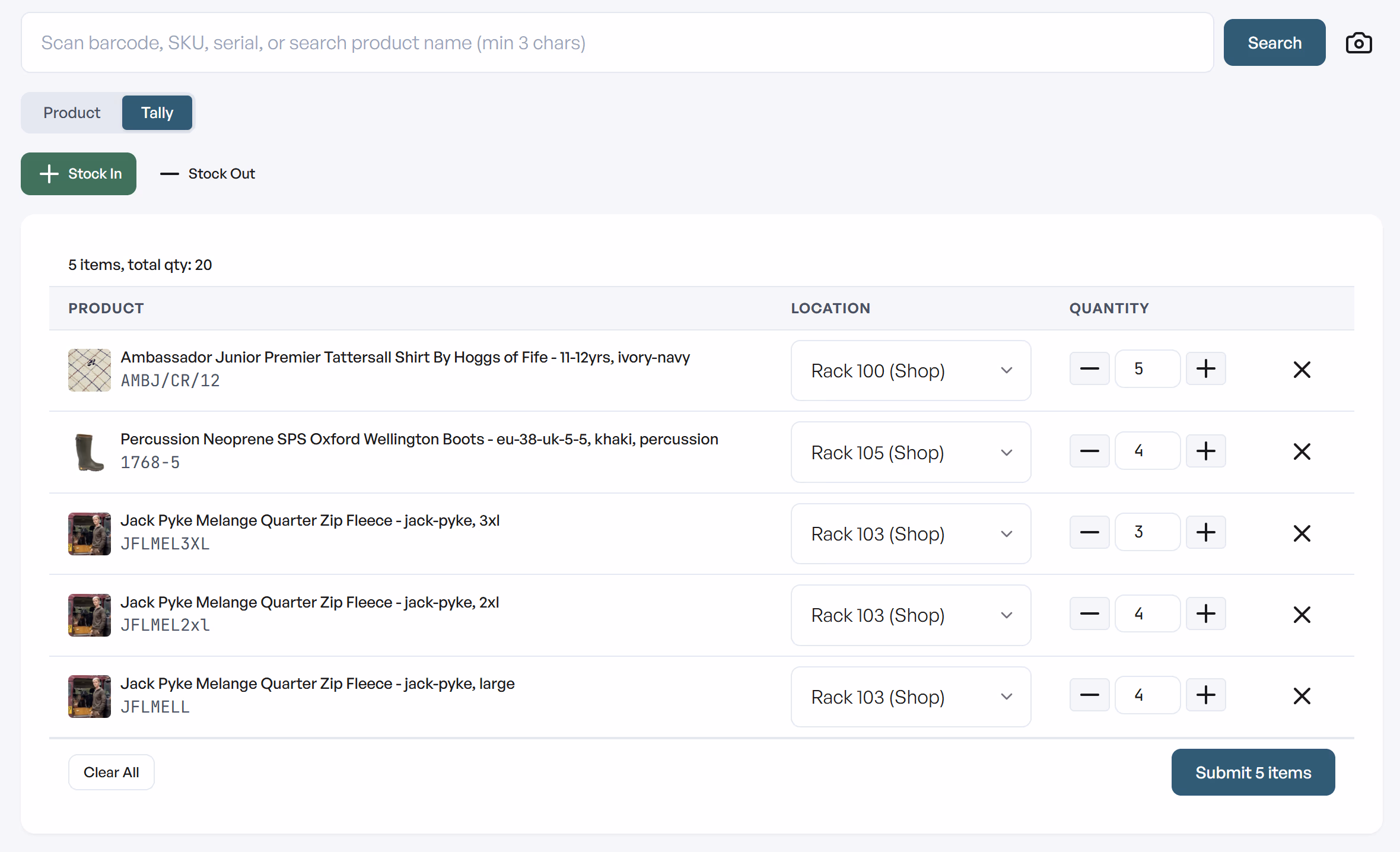Tally stock in from the plugin or app — In the WordPress plugin + Stokkap app